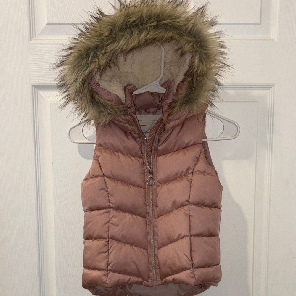 Girls 6T Pink Puffer Vest with Faux Fur Hood